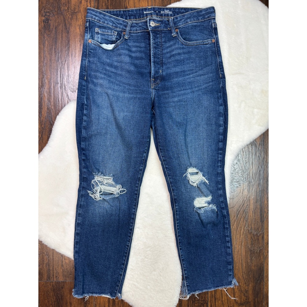 Old Navy O.G. Straight Jeans 12 Medium Wash Distressed High Rise Button Fly
